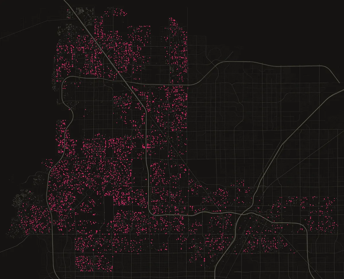 Map of the City of Las Vegas with 4,589 hvac permits from the last twelve months, one dot per street block.