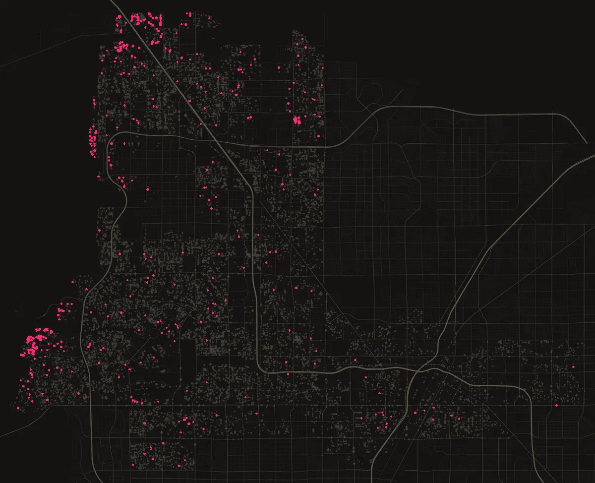 Map of the City of Las Vegas with 518 pool and spa permits from the last twelve months, one dot per street block.