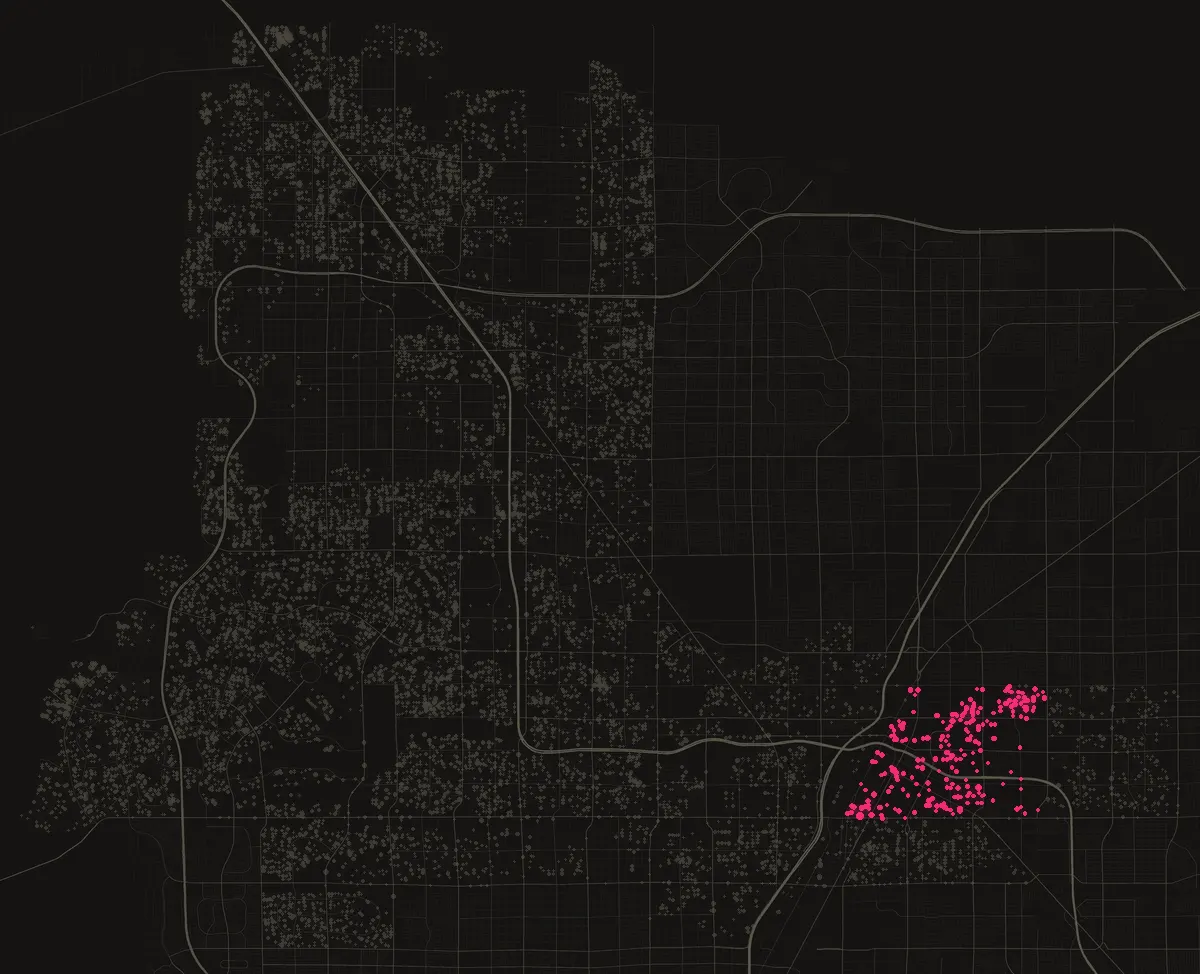 Map of the City of Las Vegas with permits in 89101 marked in pink, one dot per street block.