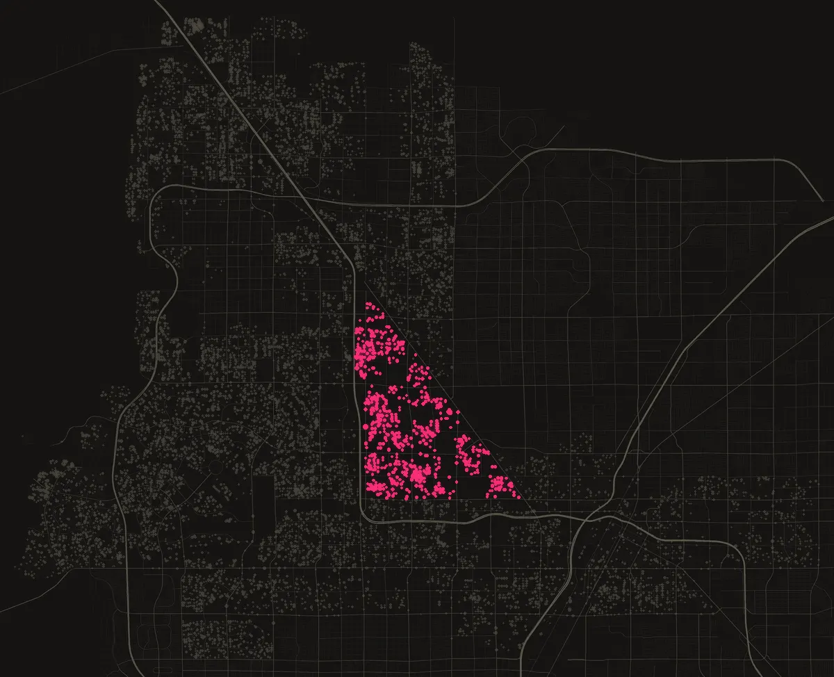 Map of the City of Las Vegas with permits in 89108 marked in pink, one dot per street block.