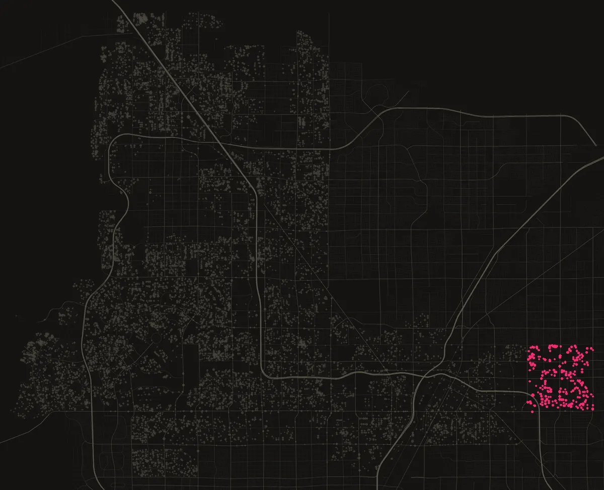 Map of the City of Las Vegas with permits in 89110 marked in pink, one dot per street block.