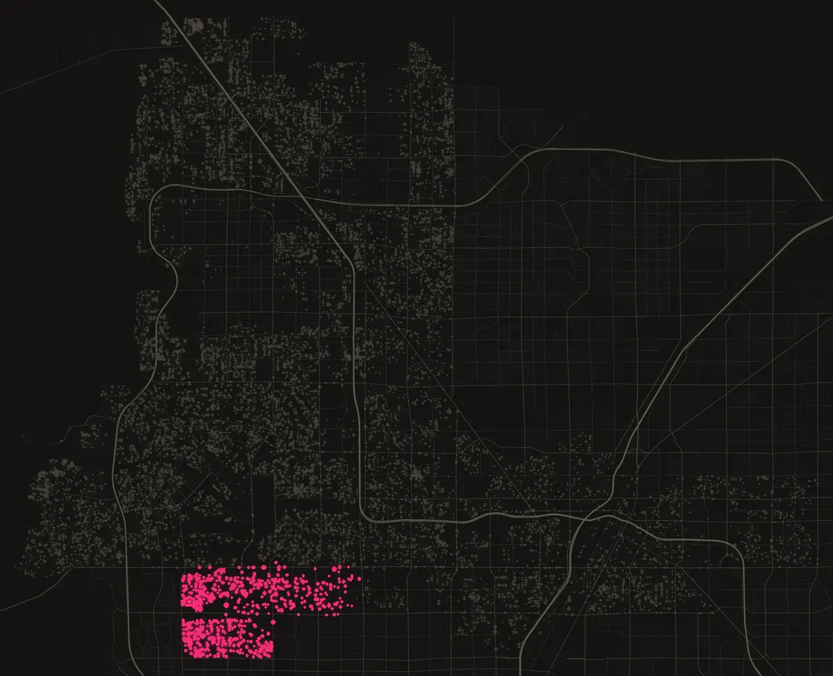 Map of the City of Las Vegas with permits in 89117 marked in pink, one dot per street block.