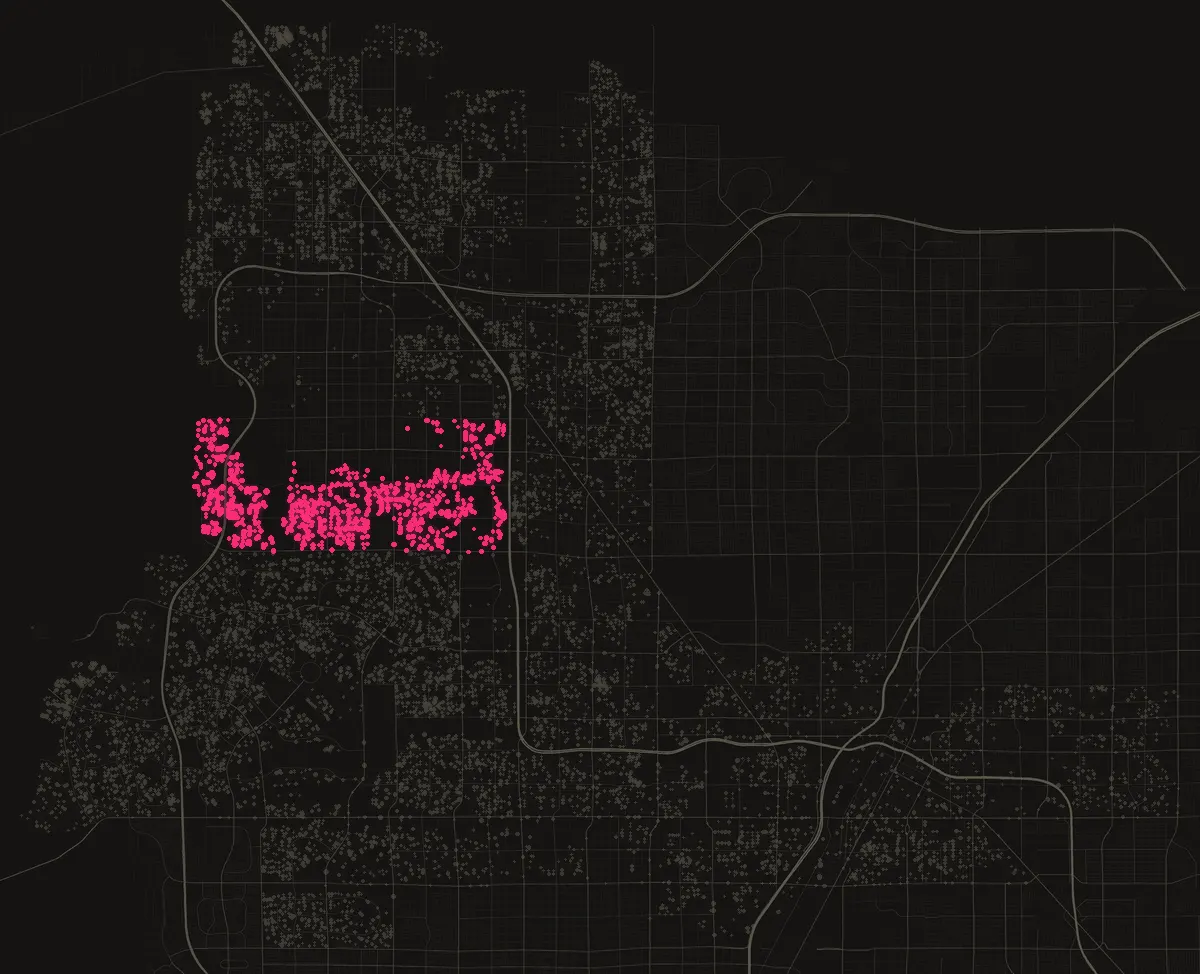 Map of the City of Las Vegas with permits in 89129 marked in pink, one dot per street block.