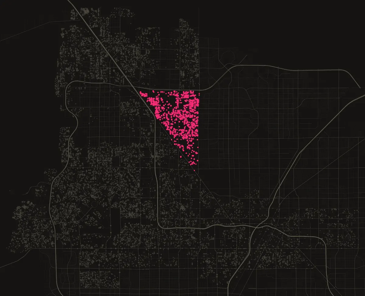 Map of the City of Las Vegas with permits in 89130 marked in pink, one dot per street block.