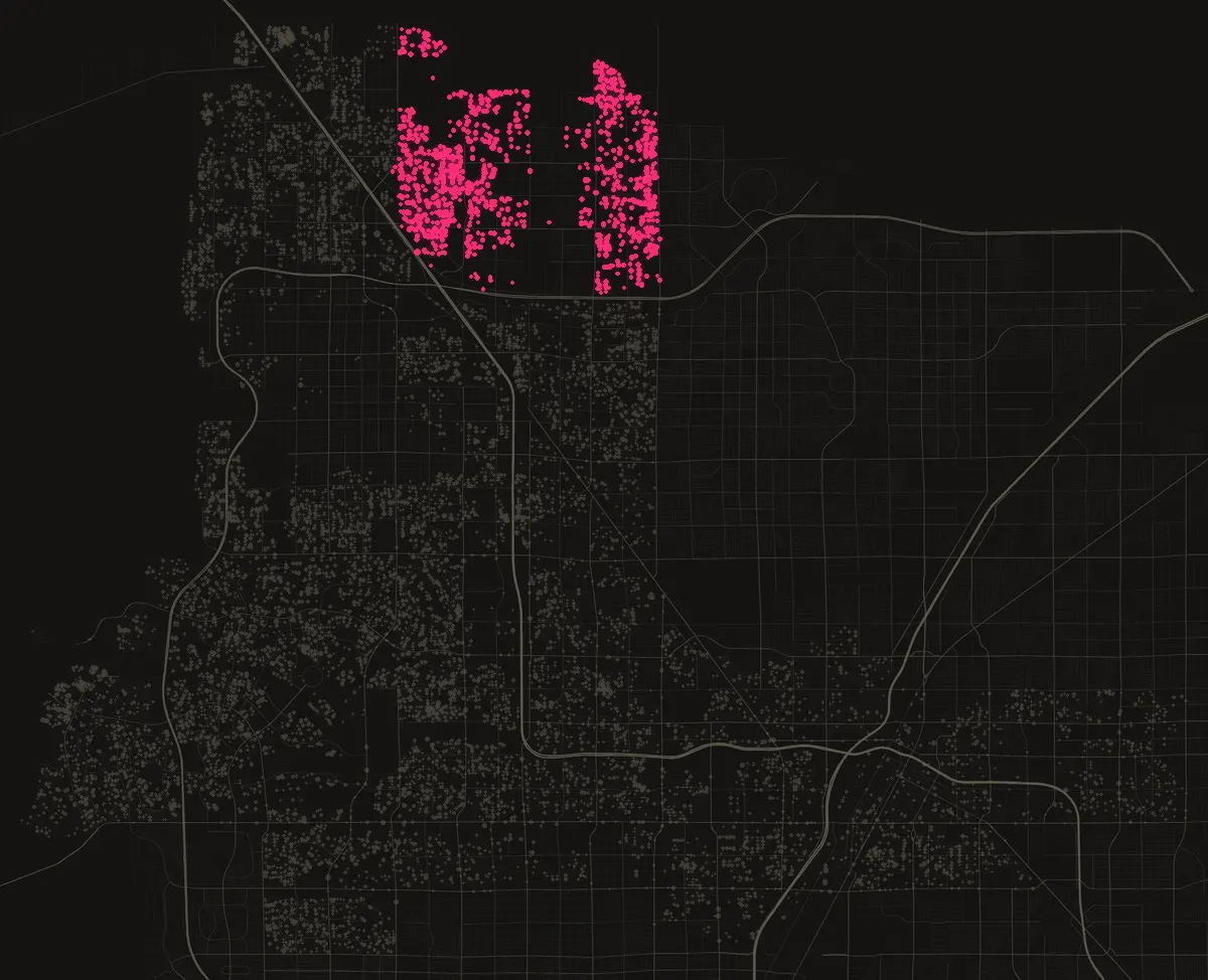 Map of the City of Las Vegas with permits in 89131 marked in pink, one dot per street block.