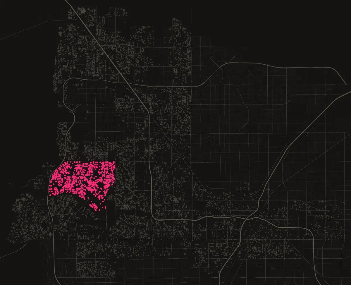 Map of the City of Las Vegas with permits in 89134 marked in pink, one dot per street block.