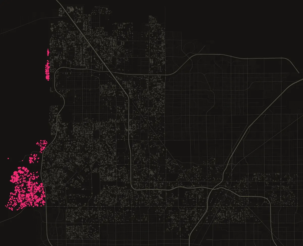 Map of the City of Las Vegas with permits in 89138 marked in pink, one dot per street block.