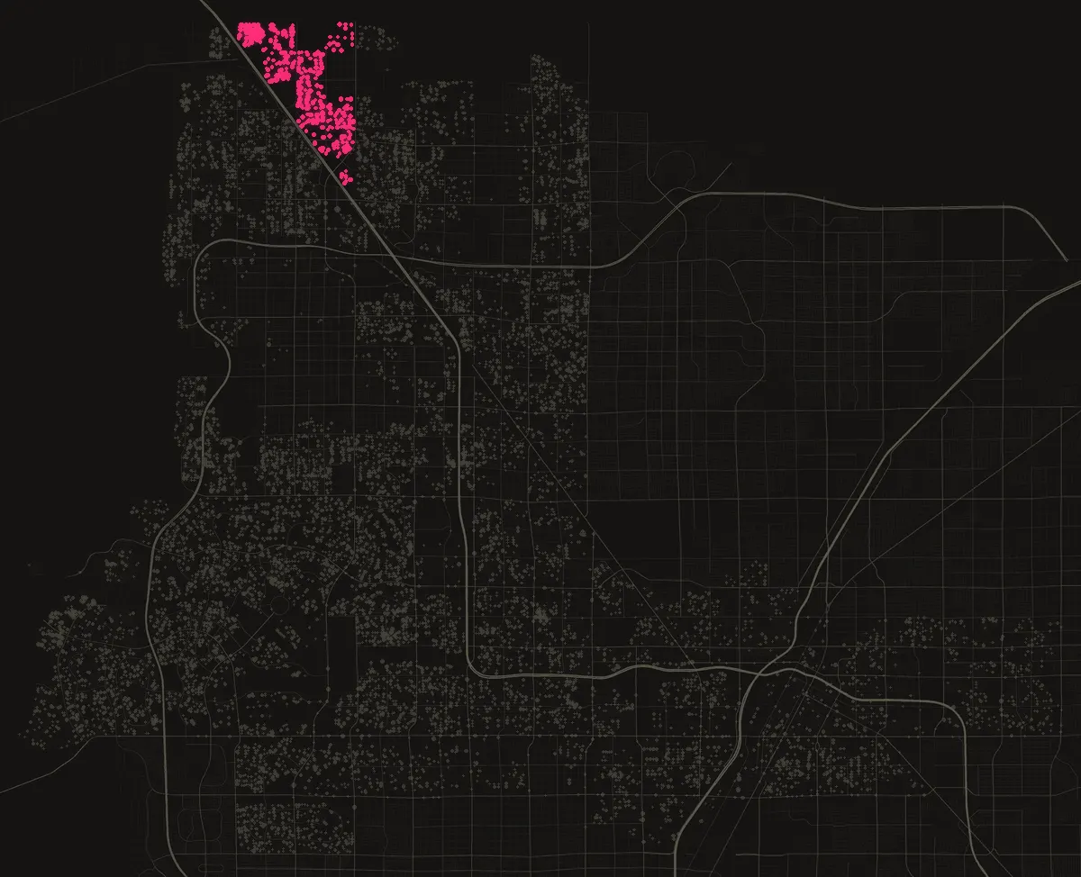 Map of the City of Las Vegas with permits in 89143 marked in pink, one dot per street block.