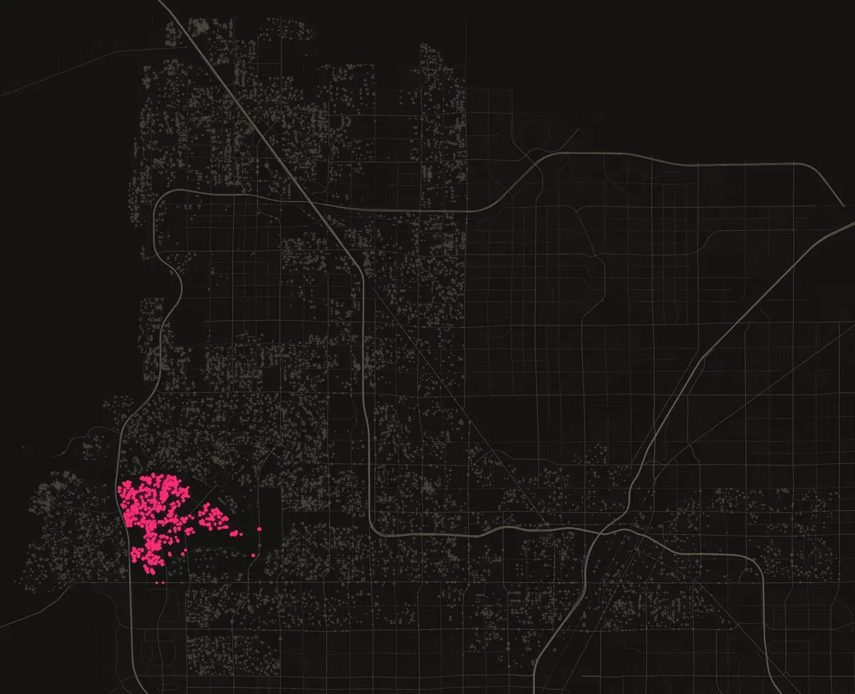 Map of the City of Las Vegas with permits in 89144 marked in pink, one dot per street block.