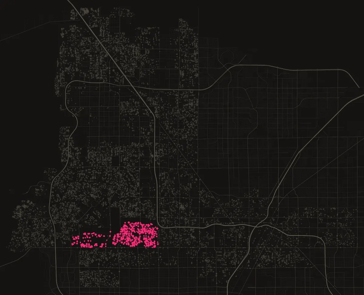 Map of the City of Las Vegas with permits in 89145 marked in pink, one dot per street block.