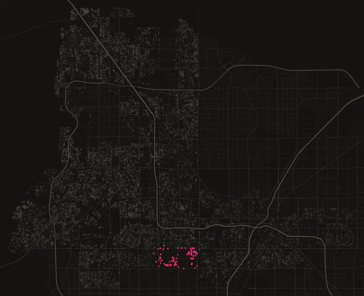 Map of the City of Las Vegas with permits in 89146 marked in pink, one dot per street block.