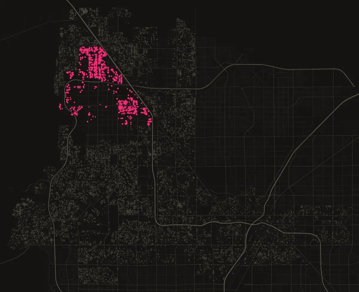 Map of the City of Las Vegas with permits in 89149 marked in pink, one dot per street block.