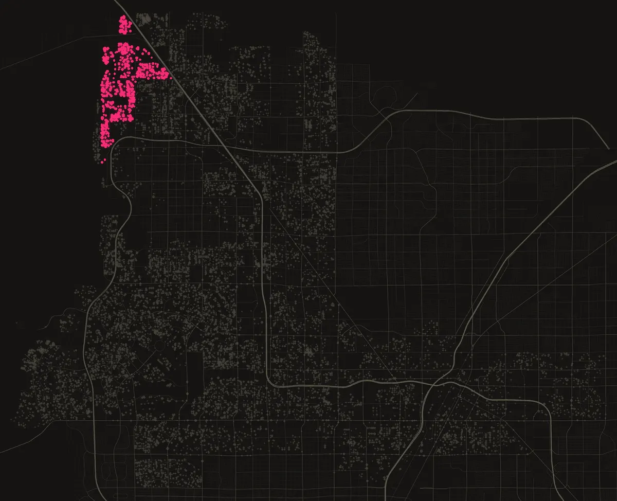 Map of the City of Las Vegas with permits in 89166 marked in pink, one dot per street block.